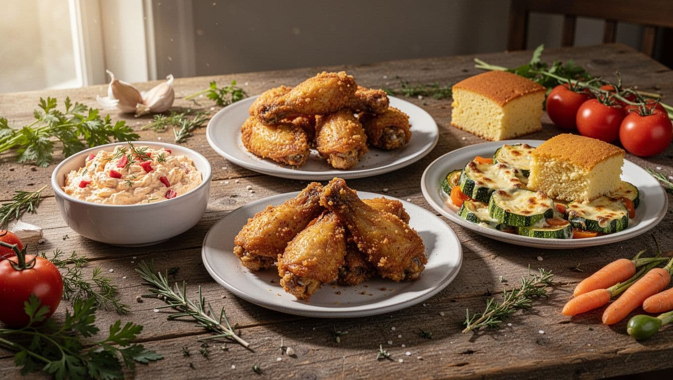 Close-up of modern Southern dishes on a wooden table including pimento cheese, crispy chicken wings, and a vegetable plate with squash au gratin and cornbread, lit by warm natural light in landscape composition.
