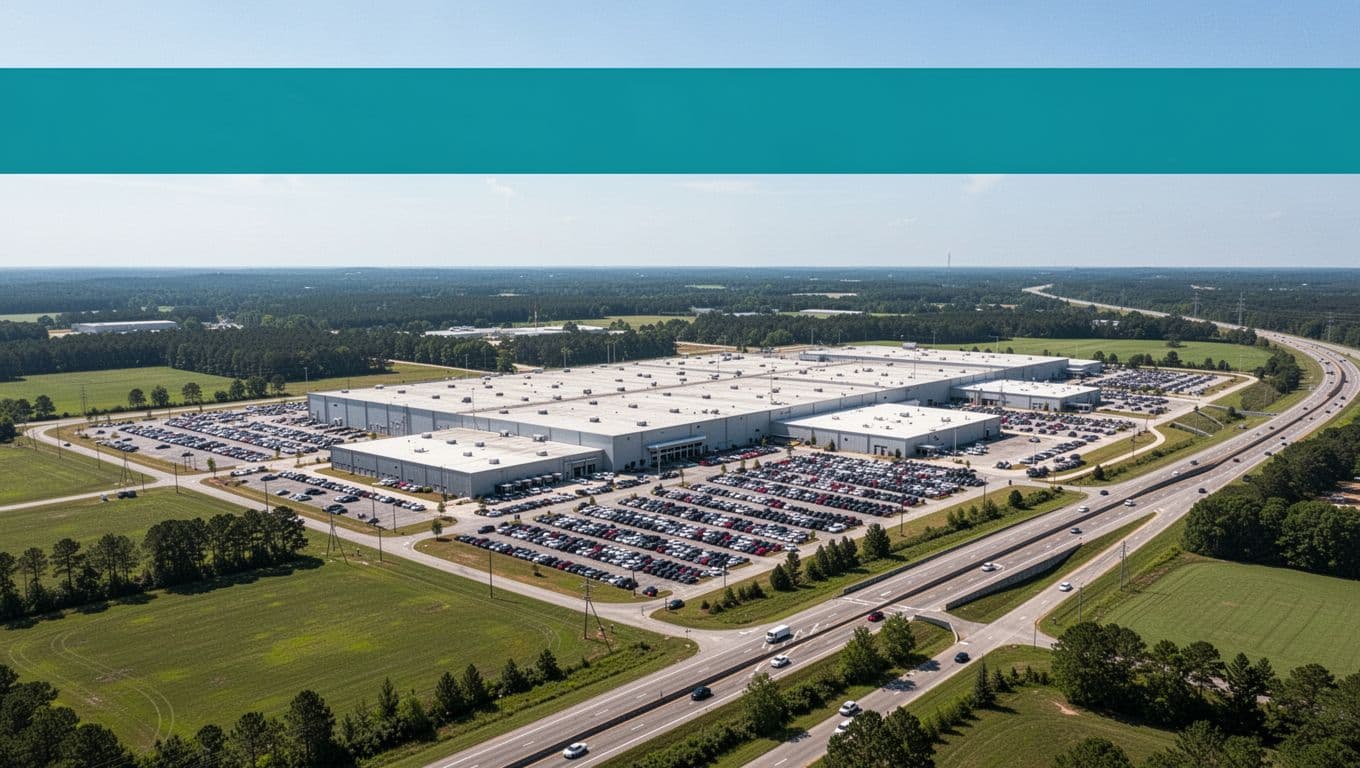 Aerial view of Mercedes-Benz Tuscaloosa plant with factory buildings, parking lots, green fields, highway, under 'Mercedes Plant' green headline band.