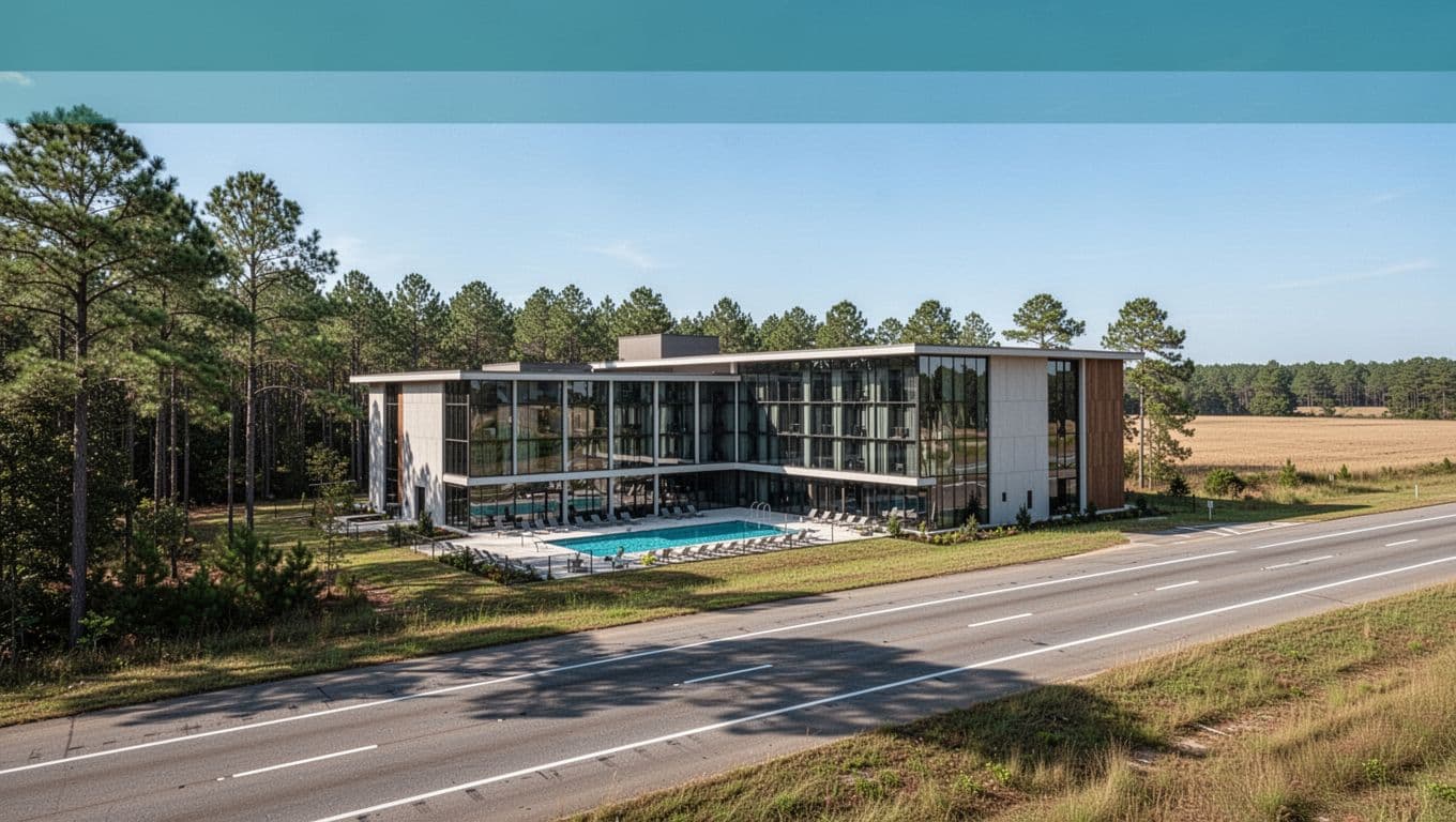 Highway roadside view of modern chain hotel exterior with pool area, pine trees, and open fields in Mississippi background under clear blue sky, featuring top green banner with 'Nearby Stays' text.