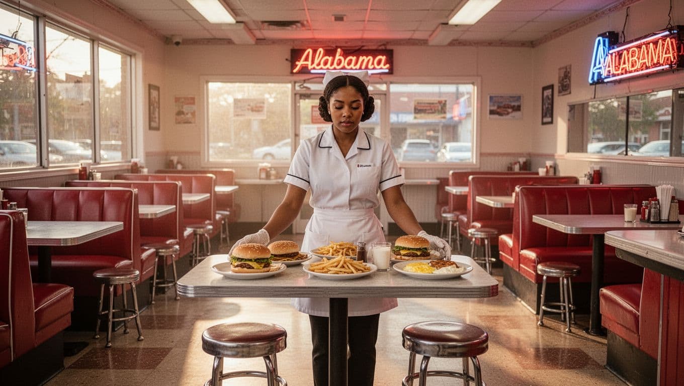  'MERL'S DINER' green header band over classic interior with booths, counter stools, neon signs, food plates, and one waitress behind counter in morning light.