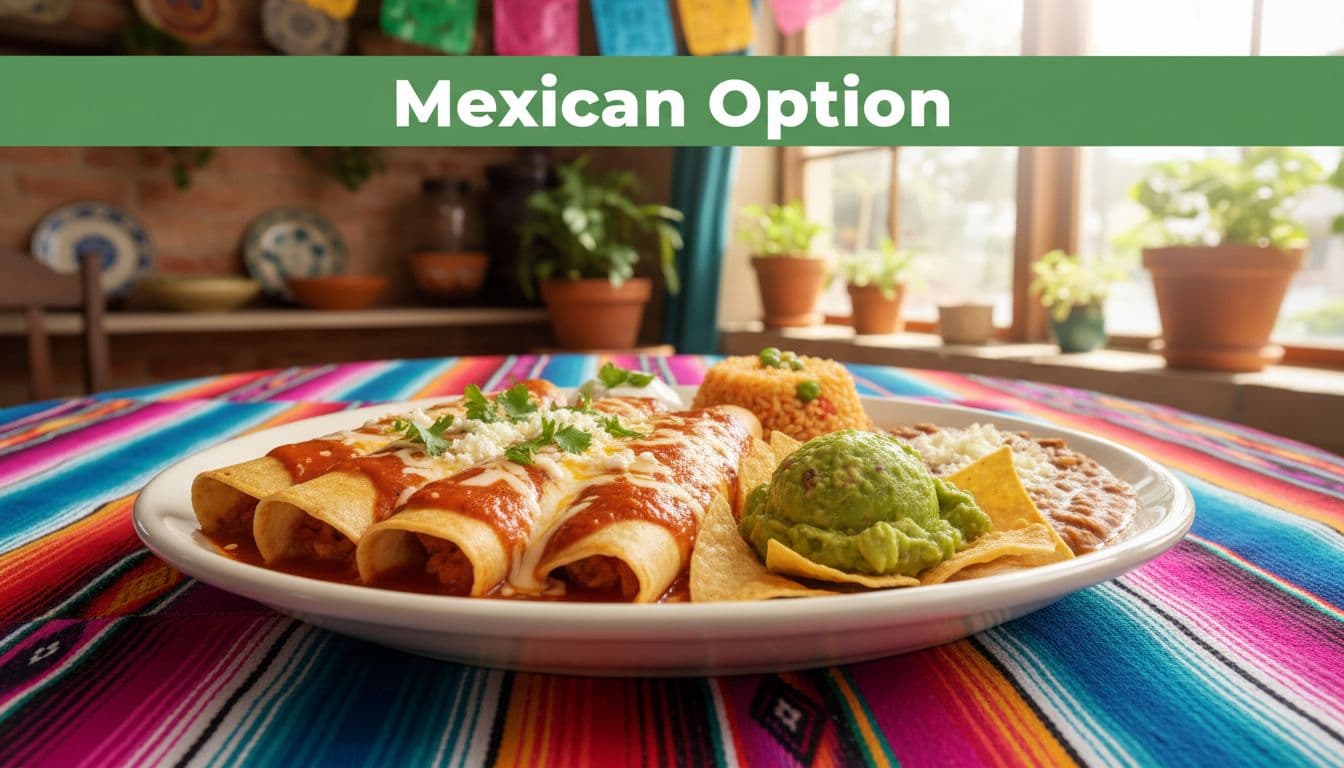 Green band with 'Mexican Option' text above colorful enchiladas platter, rice, beans, guacamole on vibrant tablecloth in cantina.