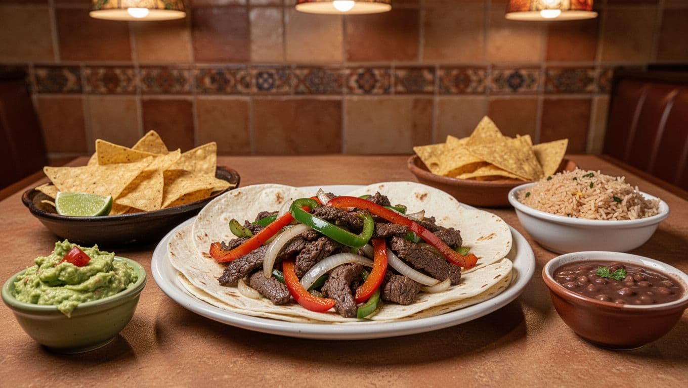 Central sizzling fajitas plate with beef, peppers, onions, tortillas, plus guacamole, chips, rice, beans on colorful tiled restaurant table under green 'Mexican Flavors' band.