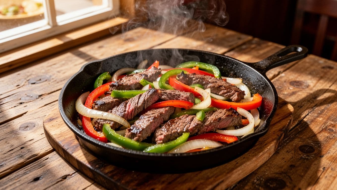 Sizzling peppers, onions, and steak fajitas on cast iron skillet below green 'MEXICAN CHOICE' band.