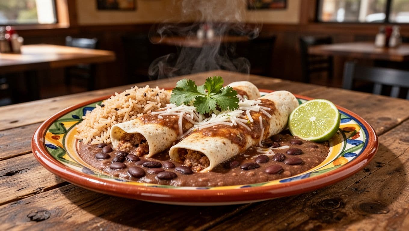 Steaming enchiladas with rice and beans on colorful plate, cilantro lime garnish, wooden table, green 'Mexican Favorite' banner at top.