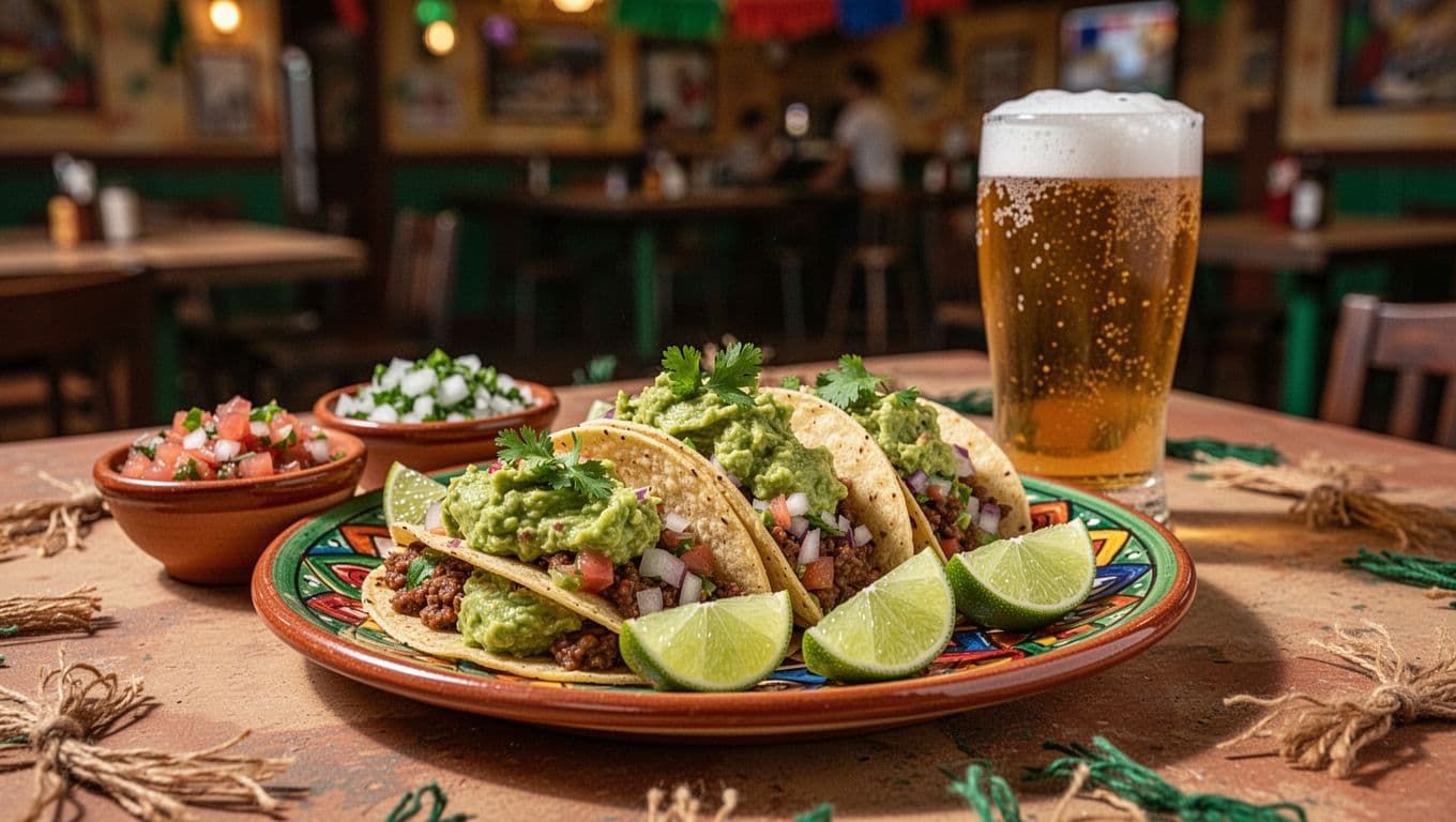 Vibrant Mexican tacos with guacamole on a colorful plate, accompanied by lime slices, salsa bowls, and a beer glass on a festive cantina table with blurred lively interior background and bold 'Mexican Fiesta' headline.