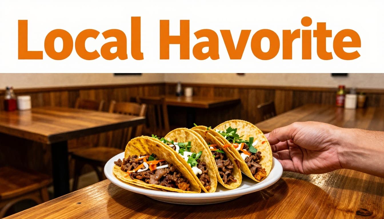 Plate of tacos with relaxed hands on wooden table in cozy Mexican grill interior, green 'Local Favorite' banner at top.