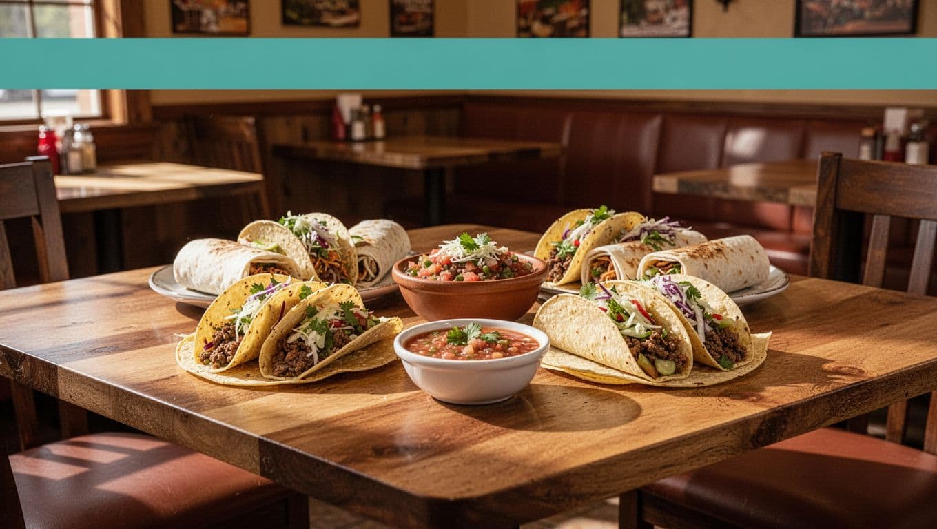 Wooden table with tacos, burritos, and salsa in cozy Mexican restaurant under warm lighting, green 'Mexican Flavors' band at top.
