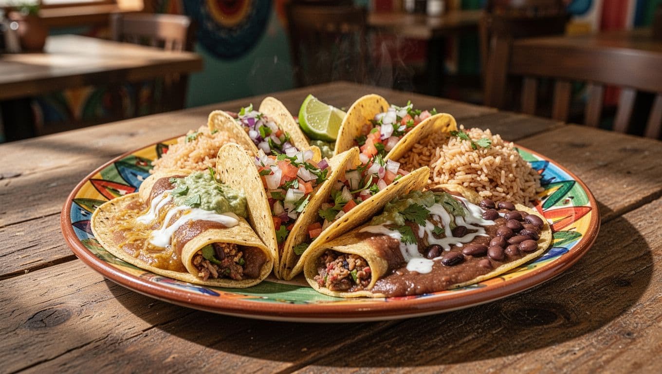 Plate of tacos and enchiladas with rice and beans on restaurant table under green Mexican Pick band.