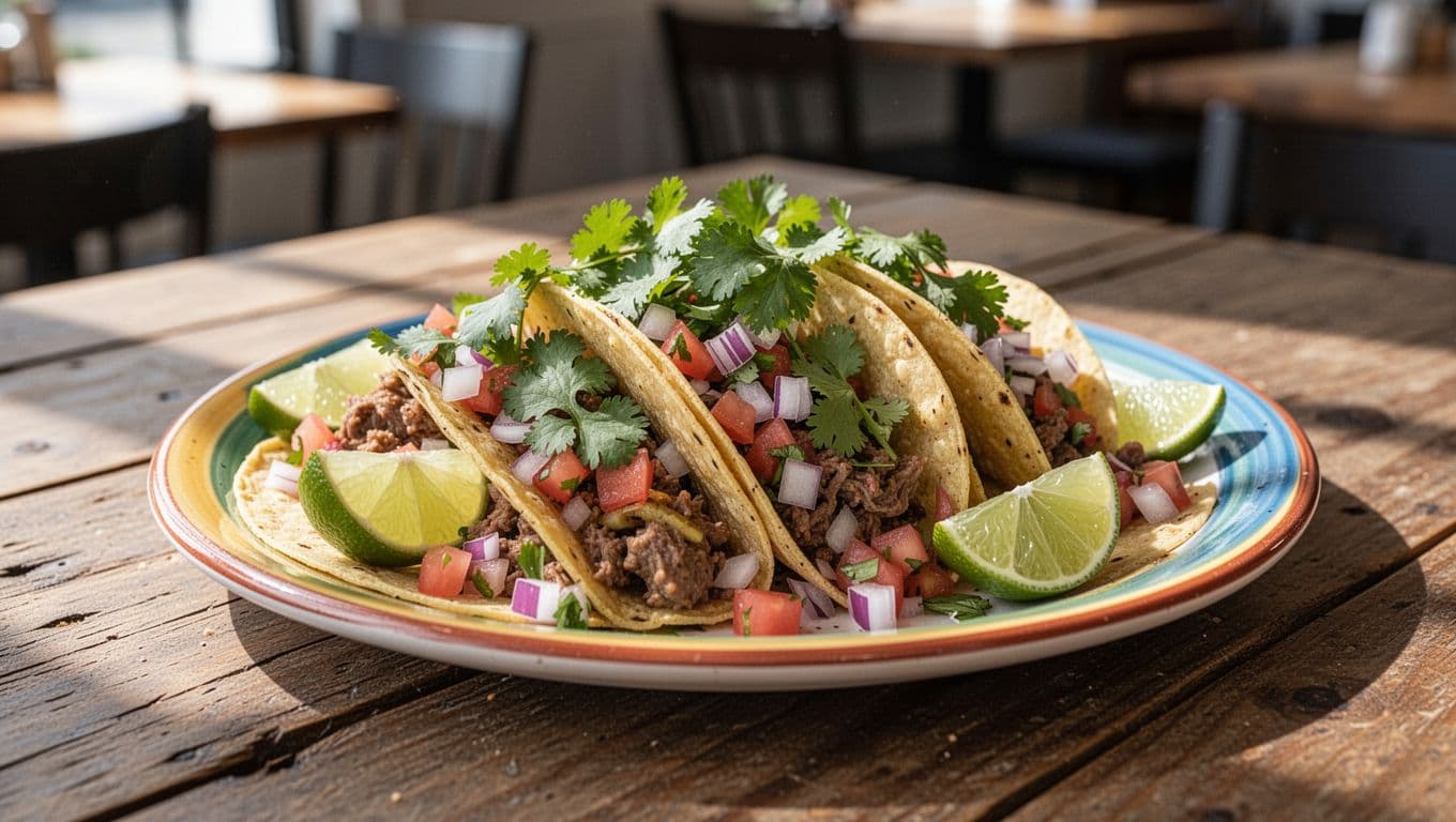 Colorful plate of Mexican tacos with fresh toppings on rustic table below green 'Mexican Flavors' headline band.