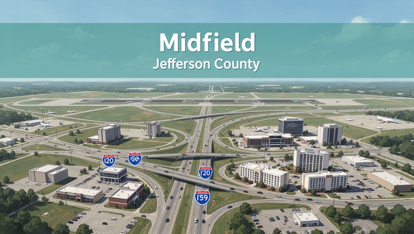 Clean illustrative aerial map of Midfield, Alabama highways including I-20 and I-59, airport, and nearby hotels in Jefferson County under clear daytime skies, topped with bold 'AREA ACCESS' header in green band.