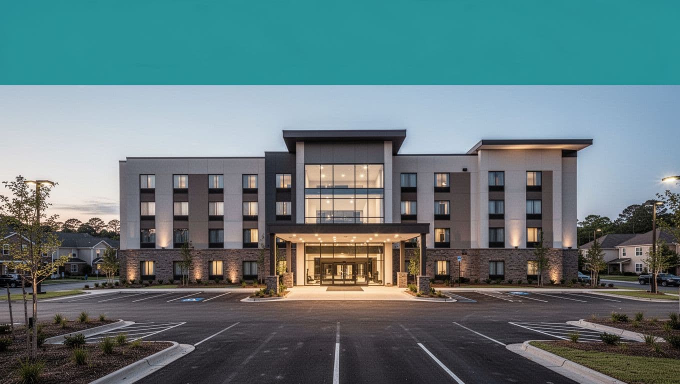 Modern hotel exterior in Midfield, Alabama at dusk with a wide landscape view centered on the entrance, parking lot, and sign in clean realistic photo style under soft evening light. Features a top green band with bold 'MIDFIELD STAYS' headline, square aspect ratio, no people, cars, text, or decorations.