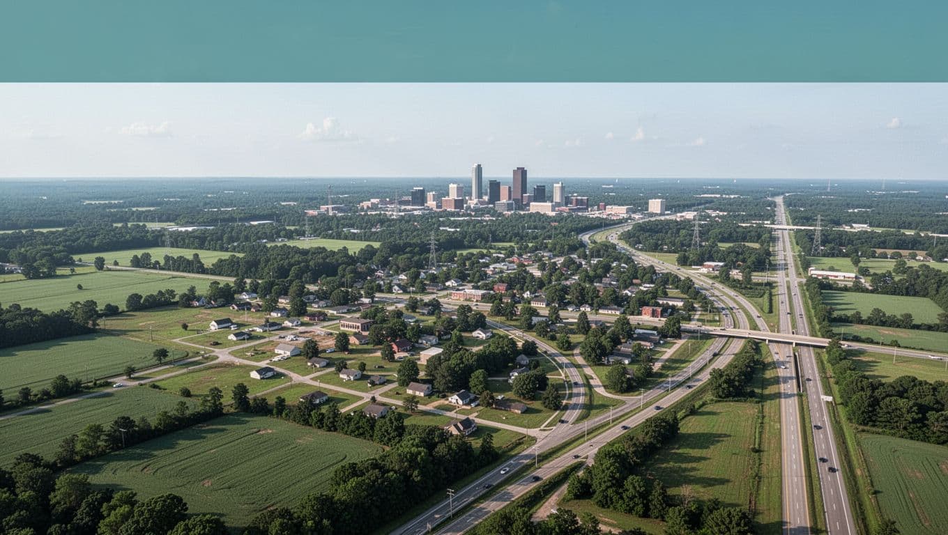 Green band with 'Midland Area' headline tops aerial view of rural town, fields, highways, and distant Dothan skyline under clear skies.