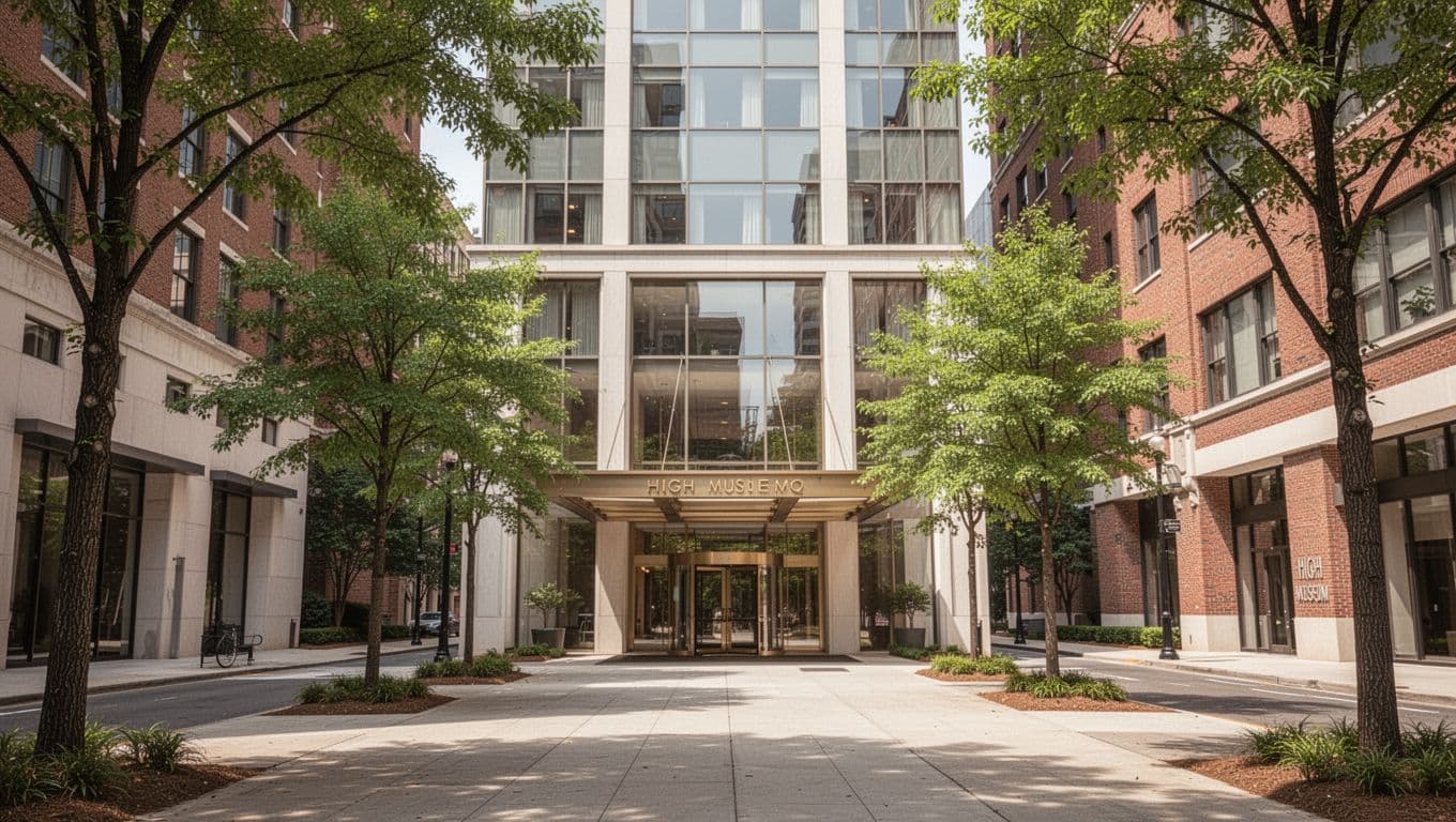Vibrant daylight street scene in Midtown Atlanta near the High Museum of Art, showcasing modern buildings, tree-lined sidewalks, and a focal upscale hotel entrance in clean realistic style with soft natural lighting. Features a bold green top header band with 'Midtown Base' in high-contrast white text.