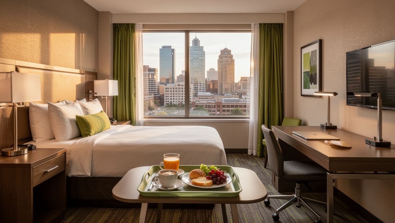 Cozy modern hotel room in Midtown Atlanta featuring queen bed, work desk, free breakfast tray, and city view window in warm natural daylight with clean realistic composition and no people. Bold 'Value Stays' headline in green band at top.