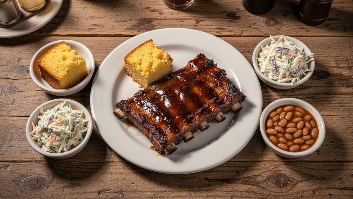 Smoked barbecue ribs glistening with sauce on a white plate, accompanied by cornbread, coleslaw, and baked beans in small bowls on a rustic wooden table in a cozy Southern restaurant, top-down photorealistic view.