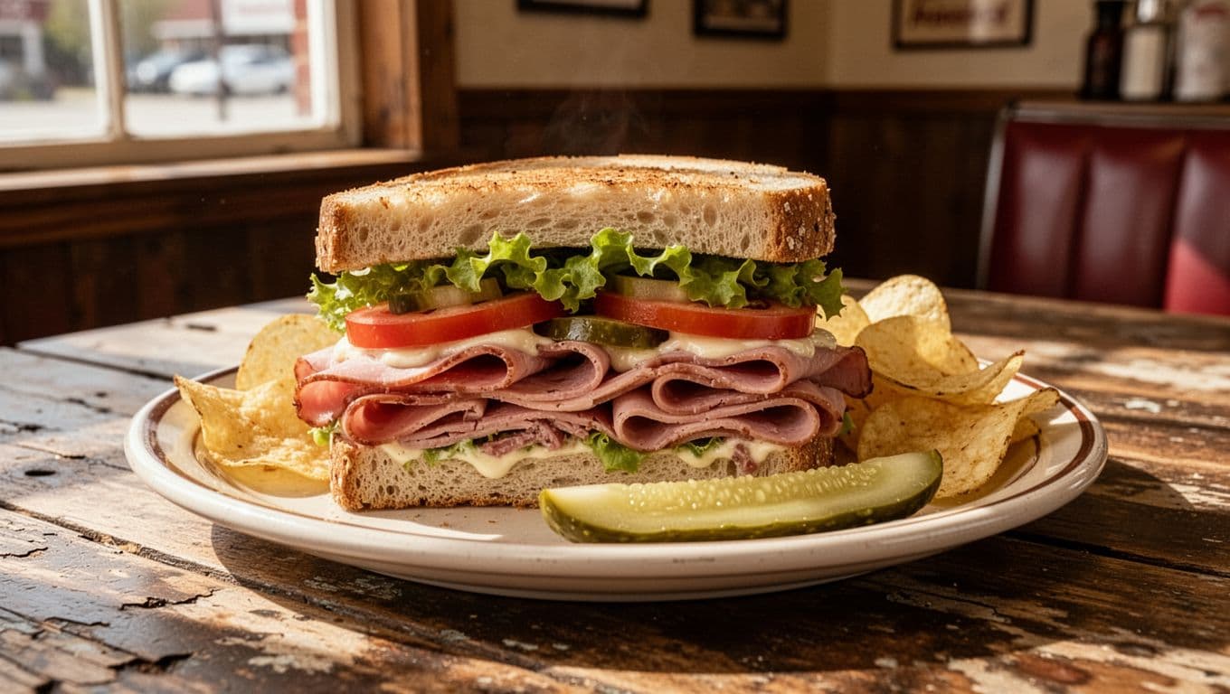 Stacked deli sandwich with meats, veggies, chips, and pickle on plate atop wooden table in restaurant interior under green 'Mill Street Deli' band.
