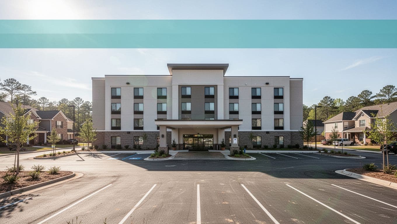 Modern hotel building exterior with clean facade and parking lot in suburban Alabama on a sunny day, wide landscape focusing on entrance, realistic photo with branded 'Top Hotels' headline band.