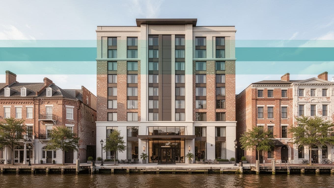 Photorealistic modern hotel exterior in historic downtown Mobile, Alabama style with riverside brick buildings, featuring a central entrance under bright daylight.