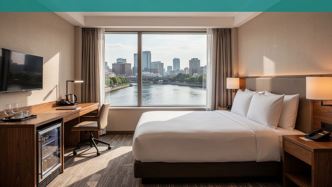 Photorealistic clean modern hotel room in downtown Mobile, Alabama, with river view window, bed, desk, fridge, cozy natural lighting in warm tones. Top edge-to-edge green band (15-20% height) features centered bold 'Key Amenities' headline, serene interior no people.
