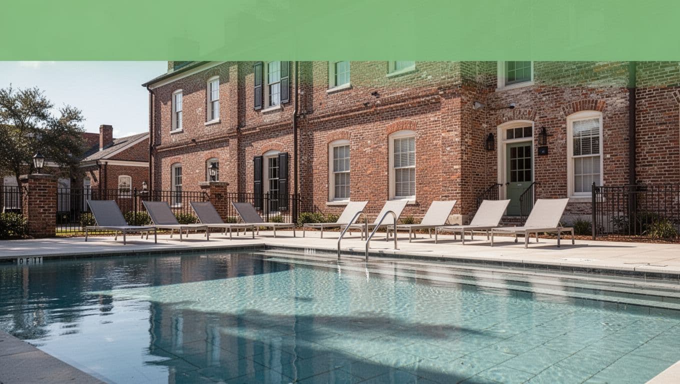 Edge-to-edge horizontal green band at top with bold 'Top Stays' headline, below it modern hotel outdoor pool and lounge chairs beside historic building in Mobile Alabama, daytime bright natural light wide composition high detail no people.