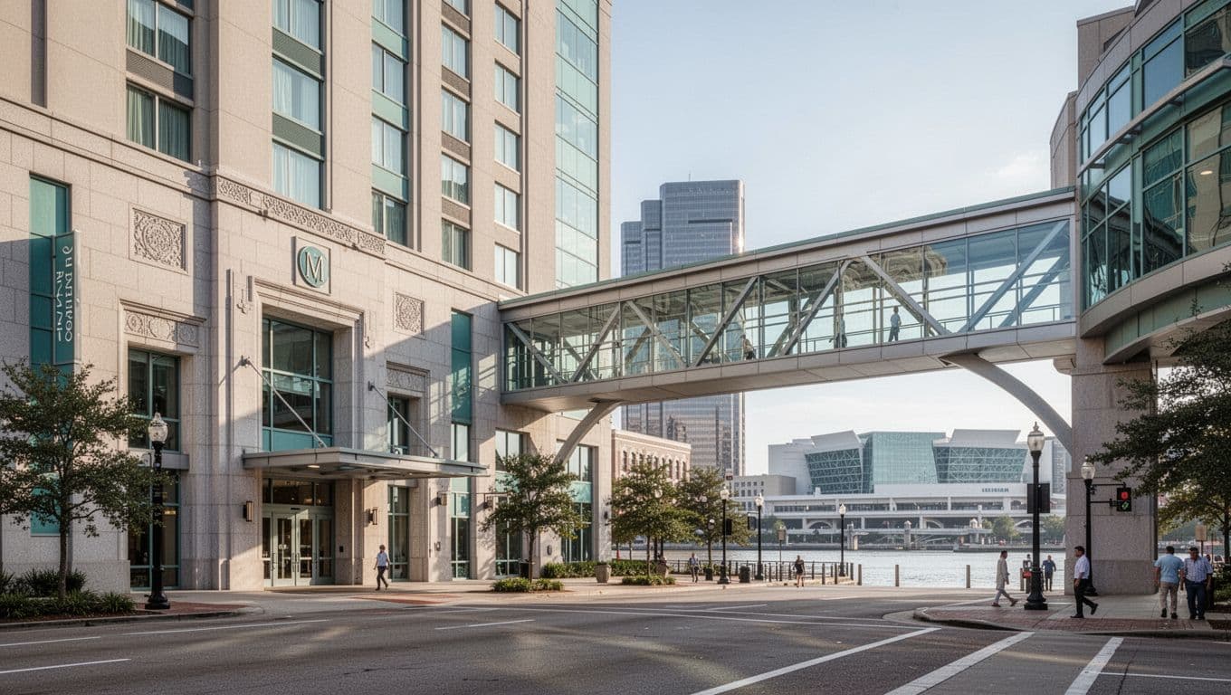 Downtown Mobile Alabama hotel exterior connected to convention center by skywalk in riverfront setting, bright daylight wide-angle view with bold 'Skywalk Access' headline.