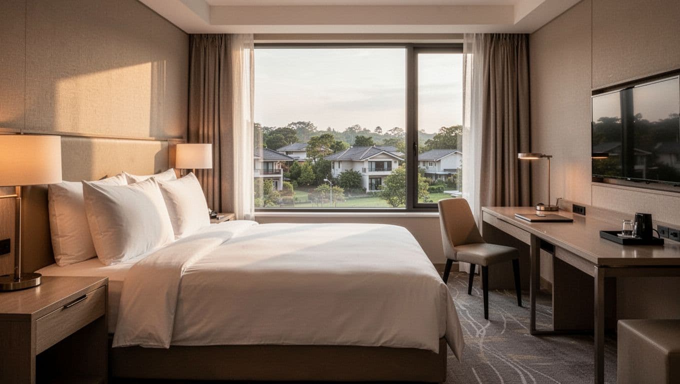 Spacious modern hotel room interior in Mobile Alabama style with king bed, work desk, and suburban window view, featuring comfortable bedding and amenities in bold editorial style with green headline band.