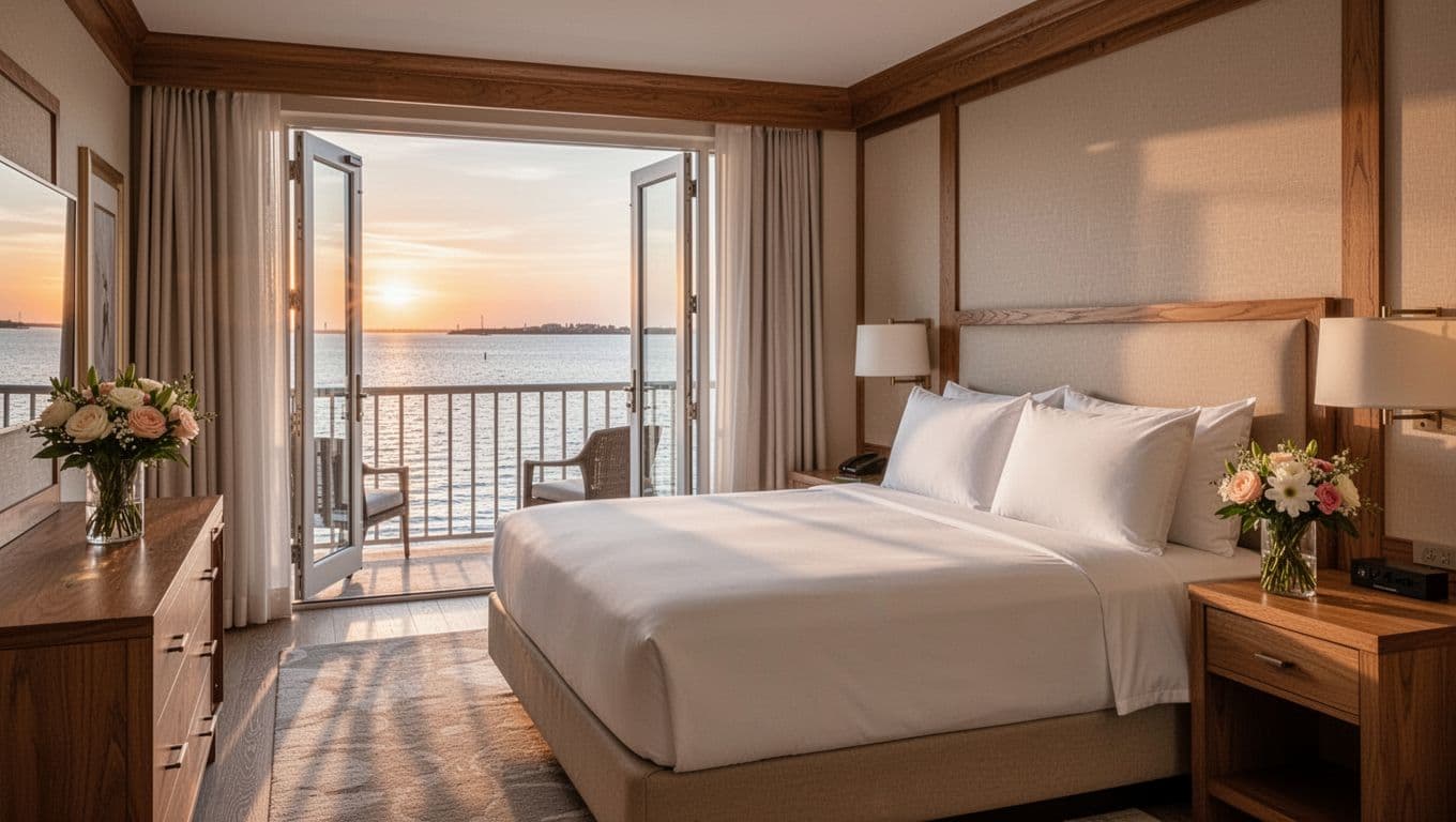 Cozy boutique hotel room interior with a king bed featuring crisp white linens, open balcony doors to a stunning Mobile Bay water view, wooden accents, and fresh flowers on the nightstand. Soft natural morning light highlights the centered composition of the bed and bay vista, topped with a bold 'Bay Views' headline in green.