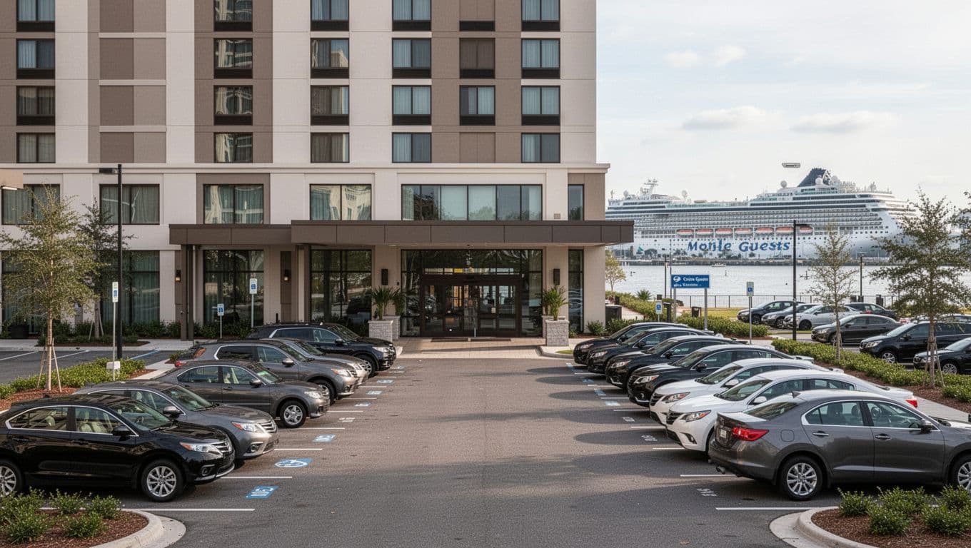 Modern hotel parking lot near downtown Mobile cruise terminal with neatly parked cars, clear signage for cruise guests, and distant river view in daylight. Front view emphasizes secure on-site parking for cruise travelers.