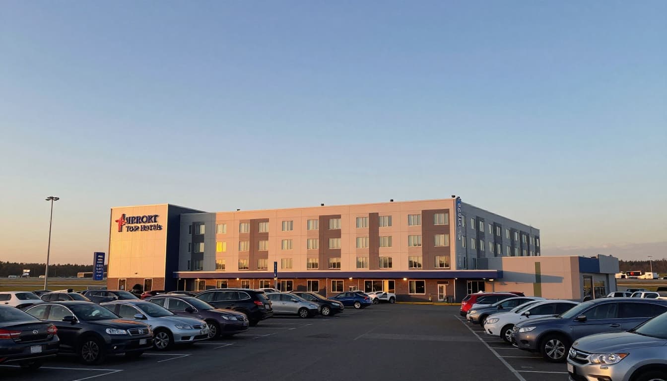 Exterior view of a modern hotel building near an airport at dusk, with a parking lot containing cars and airport signage visible in the distance under a clear sky with warm lighting.