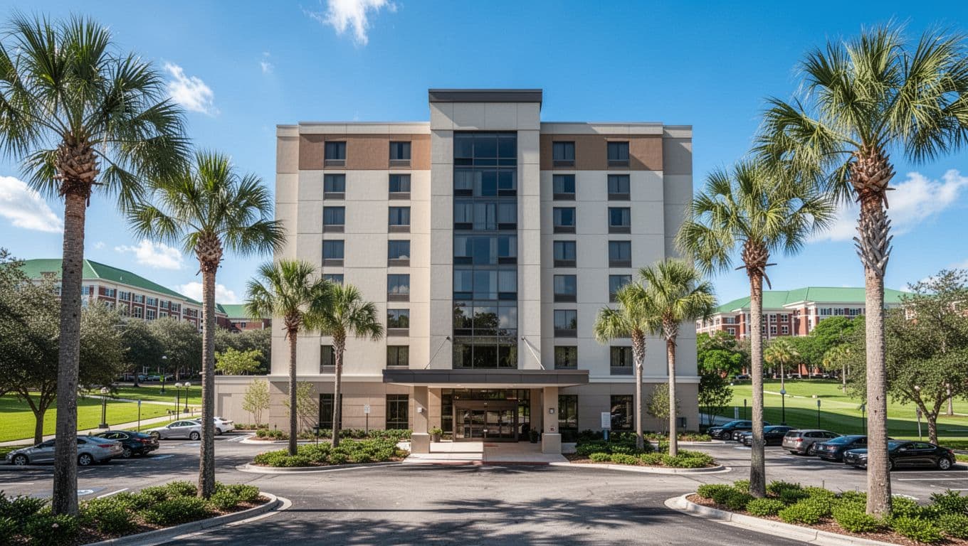 Modern hotel exterior near Alabama A&M University in Huntsville, Alabama, on a sunny day with blue sky, palm trees, parking lot, and green campus visible in the background. Realistic photo style with clean composition centered on the entrance, no people, text, or logos.