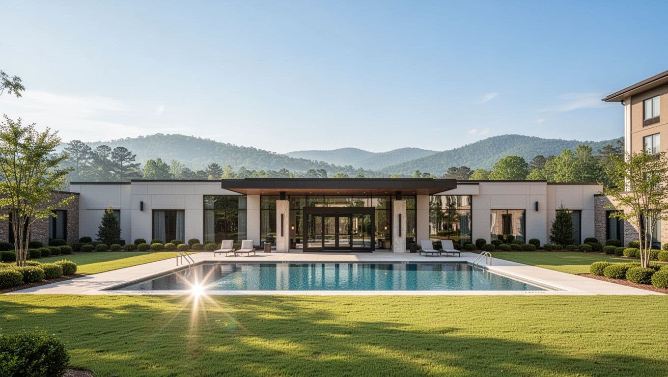 Modern hotel exterior with outdoor pool, green lawns, and subtle Alabama hills under sunny blue sky. Bold 'Top Stays' headline in green banner at top.