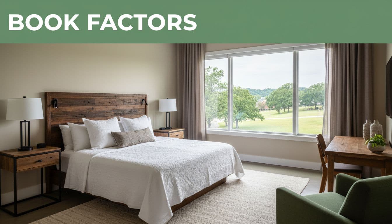 Comfortable modern hotel room in Alabama style with queen bed, wooden desk, and large window offering suburban green view under soft natural daylight. Features bold 'Book Factors' headline on a green band at the top in a clean, realistic photography style.