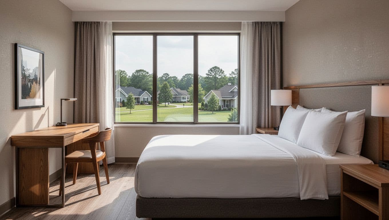 Clean modern hotel room interior in Alabama hotel with queen bed, white linens, wooden desk, chair, large window showing suburban green view, soft natural light, photorealistic style, bold #22C55E color band at top with 'Key Amenities' headline in Montserrat Black typography.