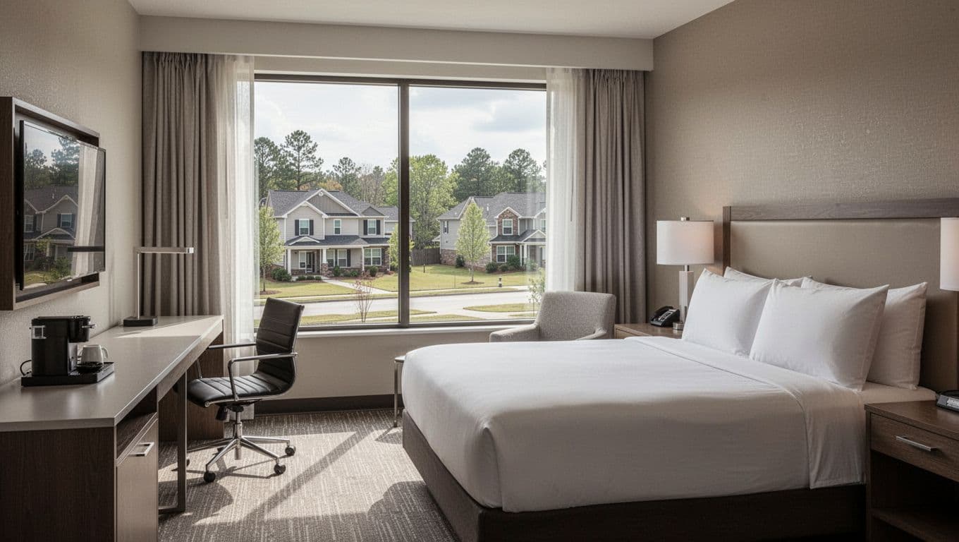 Modern hotel room interior with king bed, work desk, coffee station, and large window showing suburban Alabama view, in neutral tones with no people. Features bold 'Nearby Picks' headline on green band at top.