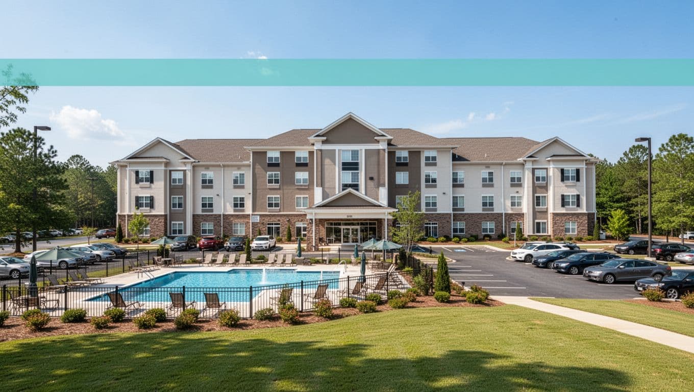 Exterior of a modern suburban hotel in Alabama featuring an outdoor pool, parking lot, and green lawns under a clear blue sky. Branded with a bold 'Top Hotels' header band in a wide landscape composition.