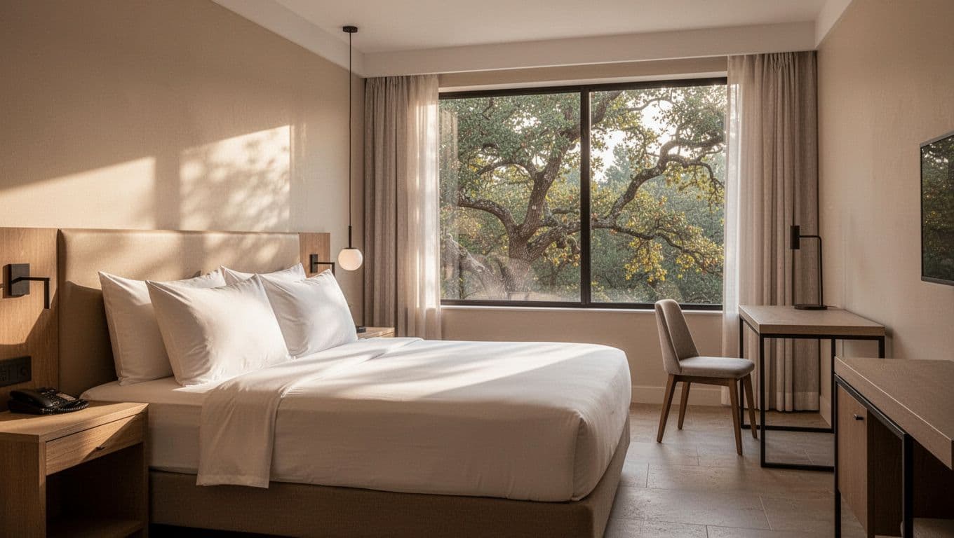 Clean modern hotel room interior in Andalusia Alabama style with king bed, pillows, desk, chair, and window view of trees in soft morning light.