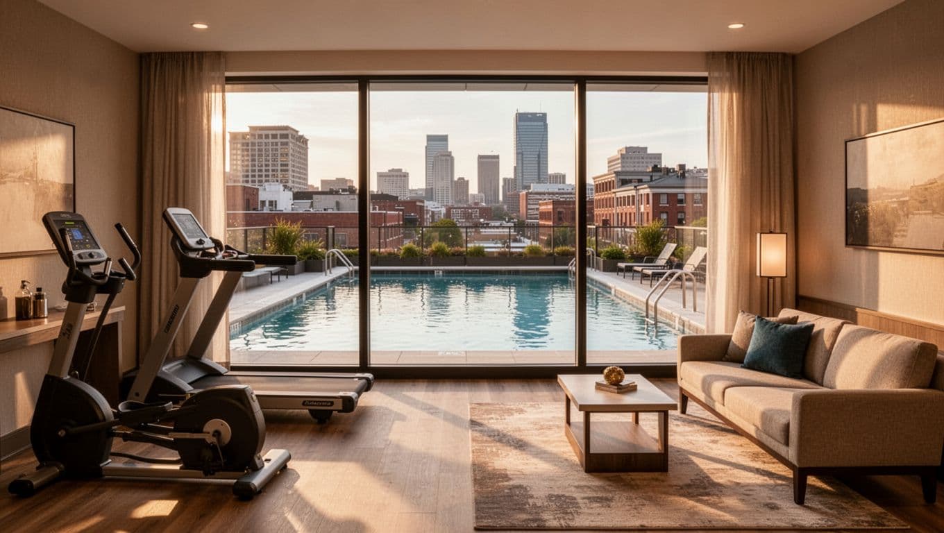 Modern hotel room interior near Ponce City Market with rooftop pool view, fitness equipment, and lounge area in Old Fourth Ward Atlanta, cozy composition focusing on amenities in realistic photo style with warm lighting and bold 'Top Amenities' headline.