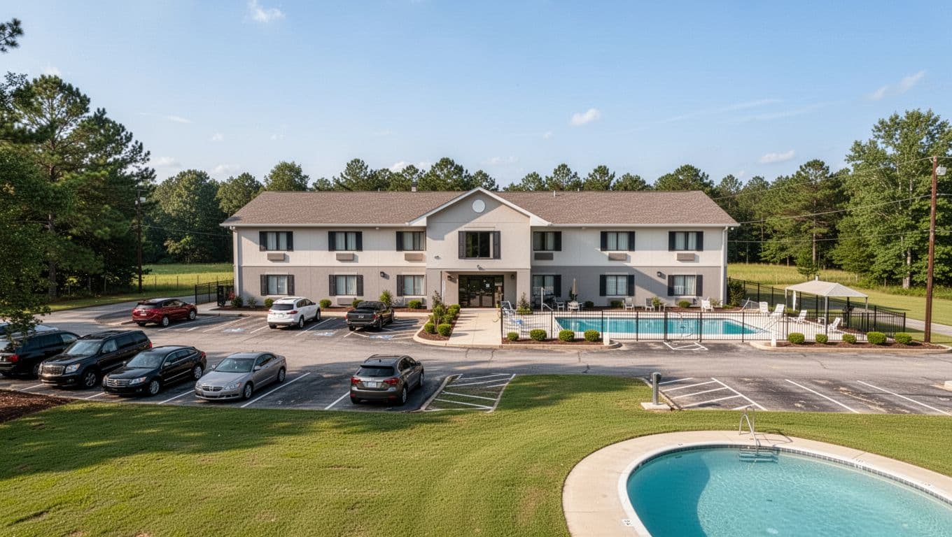 Exterior of a modern budget hotel in rural Alabama with parking lot, pool area, and green lawns under a clear blue sky. Features bold 'Hotel Stays' headline in green band at top, ideal for top hotel recommendations near Ladonia.