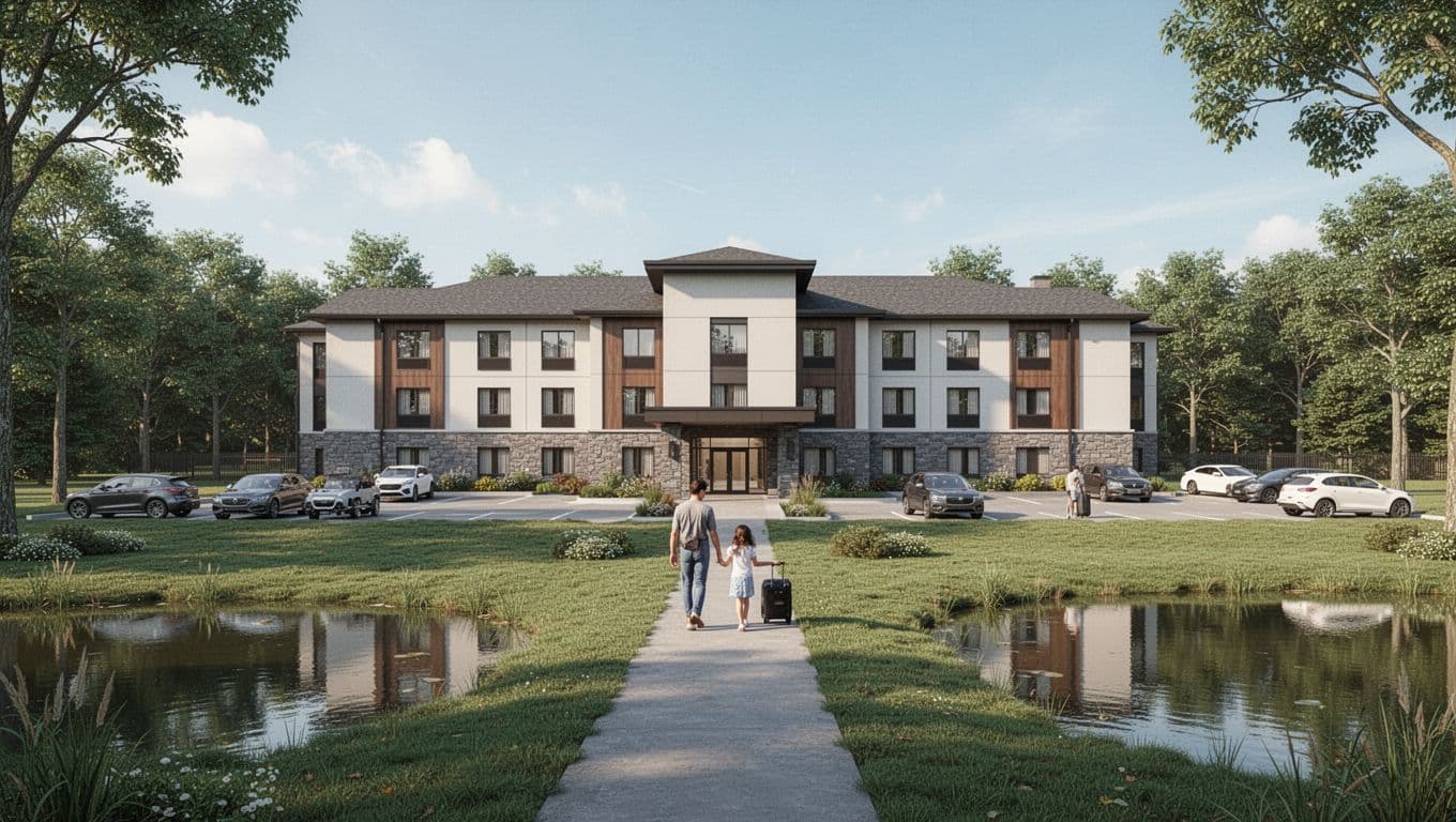 Photorealistic exterior of a modern budget hotel in rural Georgia near a lake, with parking lot, green lawns, clear sky, and one family (two adults, one child) walking to the entrance with luggage.