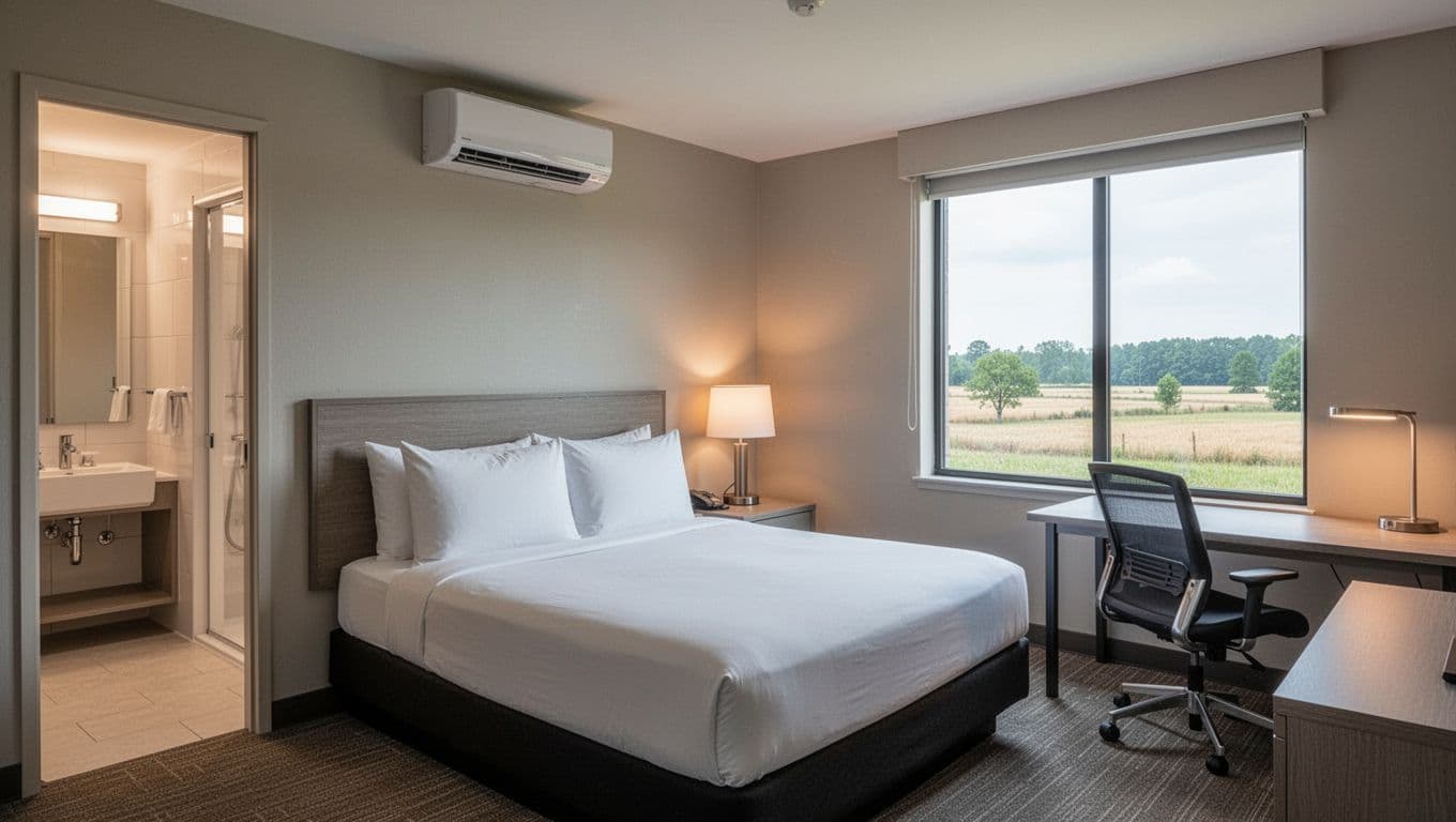 Clean modern hotel room interior with queen bed, desk, chair, lamp, rural Alabama window view, open bathroom door, and AC unit. Bold 'Comfortable Rooms' headline in green band at top, landscape composition, neutral lighting, no people.