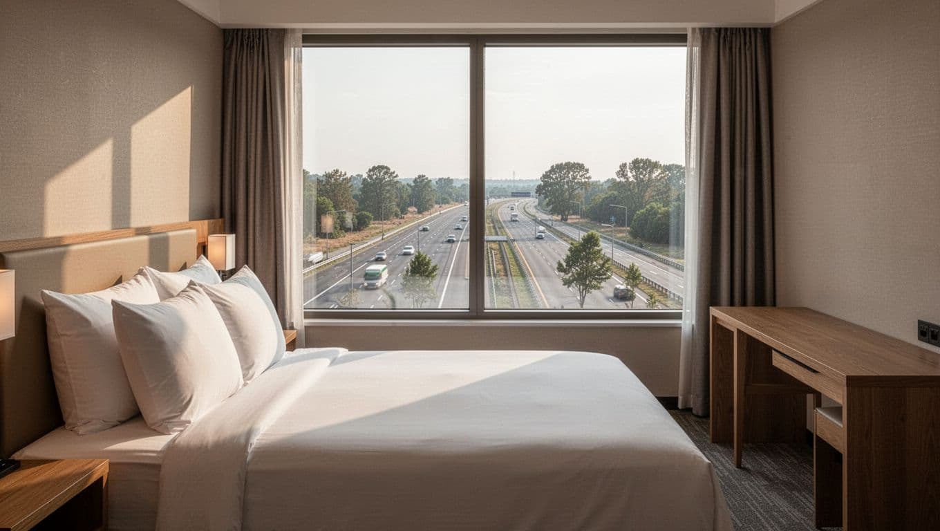 Clean modern hotel room interior in Hampton Inn style with a neatly made bed, desk, and window view of highway and trees under soft natural light. Branded with bold 'Nearby Comfort' headline on green band, realistic photo, landscape orientation.