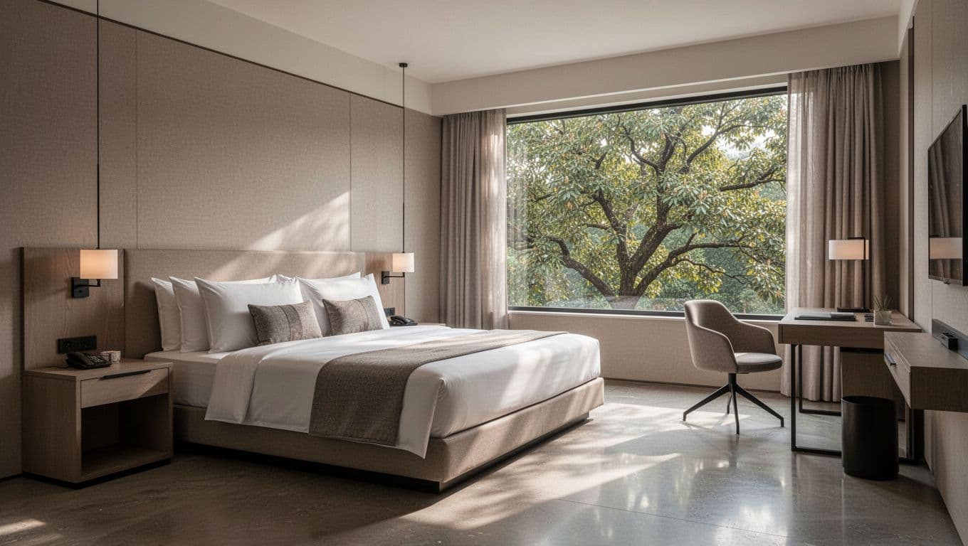 Realistic render of a modern Homewood-style hotel room featuring a king bed in neutral tones, desk, chair, window view of trees, and soft natural light, with a green top band displaying 'COMFY ROOMS' headline.