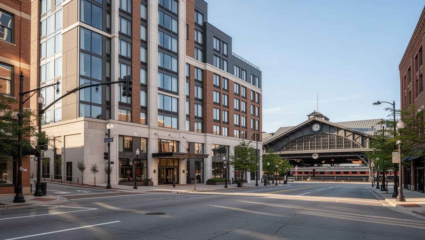 Exterior of a modern hotel building near the historic Chattanooga Choo Choo train station in downtown, clear daytime view with street in foreground and one hotel entrance visible. Includes a top green headline band with bold 'Hotel Stay' text, realistic photo style, landscape composition.