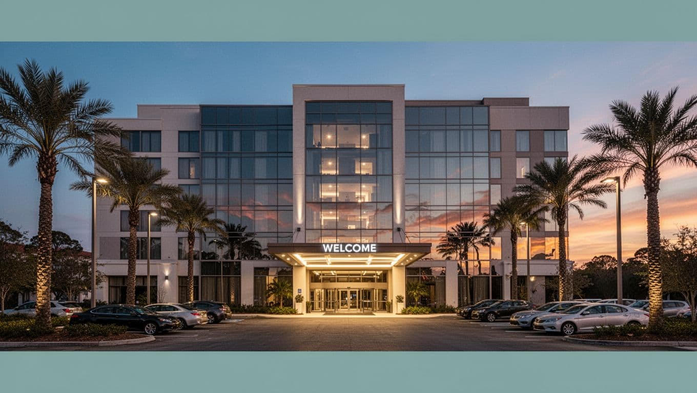 Exterior view of a modern hotel building at dusk with welcoming entrance lights, parked cars in the lot, and nearby palm trees under a clear blue sky fading to orange. Features a bold 'Top Stay' headline in a green band near the top.