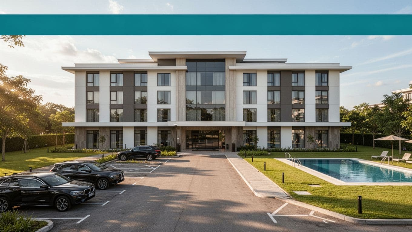 Clean modern hotel exterior with full parking lot, cars, and swimming pool sign under sunny afternoon light, featuring a prominent green 'Top Hotels' banner.