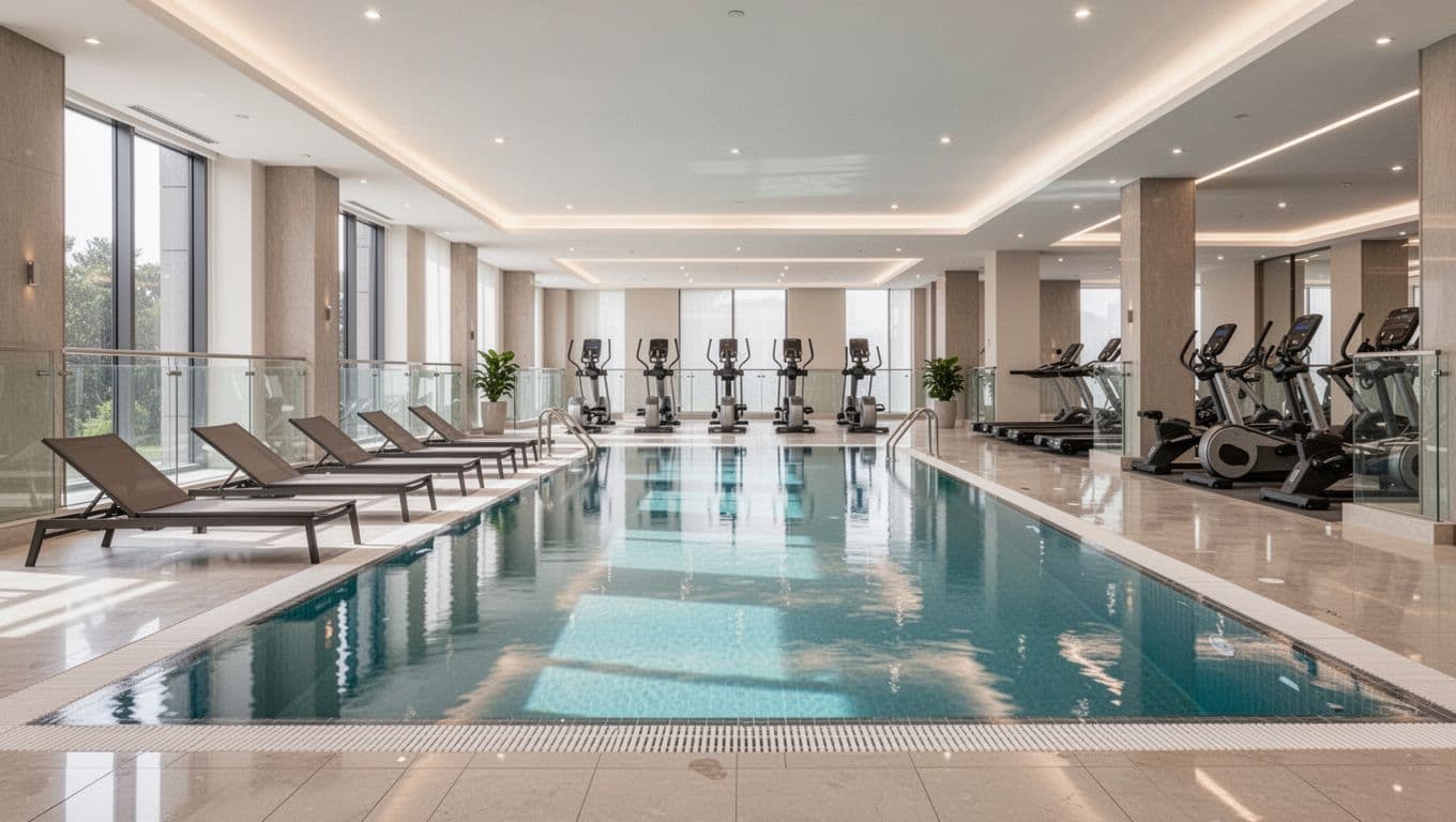 Clean modern hotel indoor pool with lounge chairs by the water and fitness area with exercise machines in the background, bright lighting, wide shot with 'Key Amenities' header band at top.