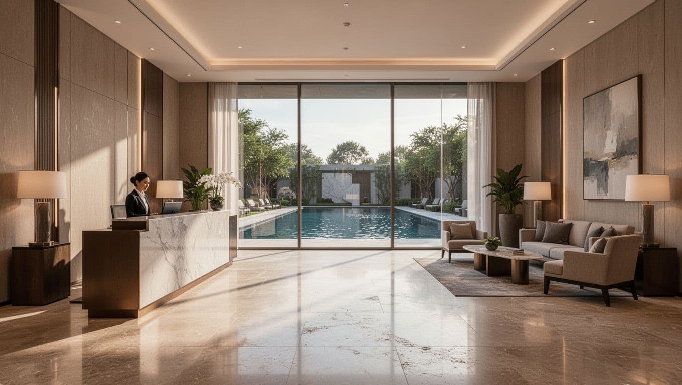 Clean modern indoor hotel lobby in Etowah County style with front desk, comfortable seating, and pool view through window, composed from reception angle under warm natural lighting. Features bold 'Amenities' headline in Title Case on green top horizontal band.