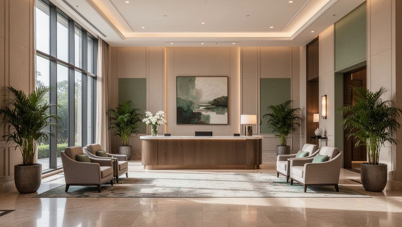 Bright modern hotel lobby with reception desk, lounge chairs, large windows, and green accents, featuring bold 'Hotel Amenities' headline.