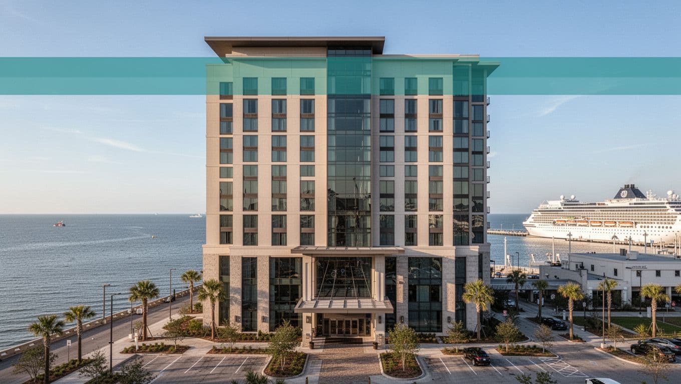 Exterior view of a modern hotel facade and entrance near the waterfront cruise terminal in Mobile, Alabama, under clear blue skies with calm water in the background and a bold green 'Top Hotels' header band at the top.