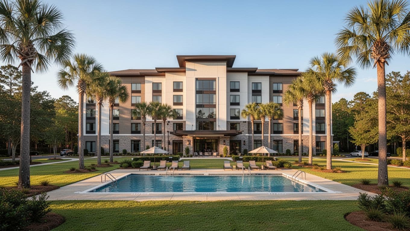 Hotel exterior with foreground pool, green lawns, palm trees, blue sky, topped by green Nearby Stays band.